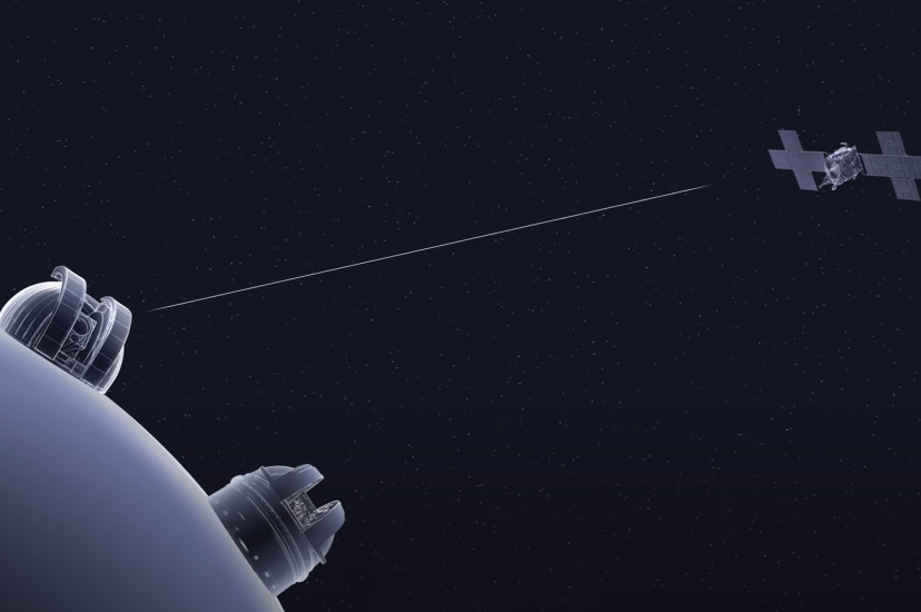 NASA’s Psyche spacecraft is depicted receiving a laser signal from the Deep Space Optical Communications uplink ground station at JPL’s Table Mountain Facility in this artist’s concept. 